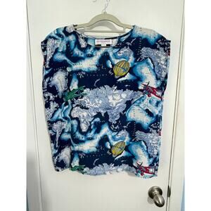 Vintage Van MacDowell Silk Blouse Medium Blue Hot Air Balloons Map Clouds 80s